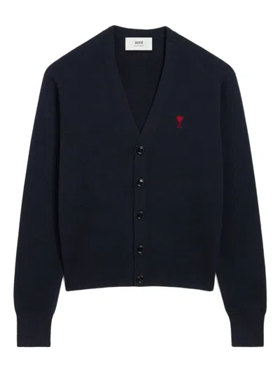 Ami Alexandre Mattiussi Ami Paris Men Blue Cardigan With V Neck And Adc Embroidery On The Front In Wool Blend Man