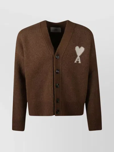 Ami Alexandre Mattiussi Cardigan With Embroidered Detail And Ribbed Cuffs In Brown