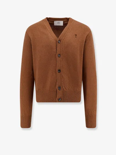 Ami Alexandre Mattiussi Cashmere Cardigan V-neck Ribbed Cuffs In Brown