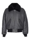 Ami Alexandre Mattiussi Leather Bomber Jacket Shearling Collar In Gray
