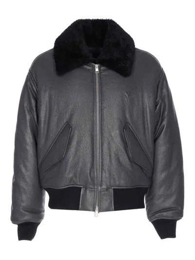 AMI ALEXANDRE MATTIUSSI BLACK LEATHER BOMBER ZIP CLOSURE
