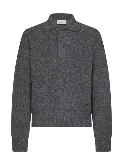 Ami Alexandre Mattiussi Charcoal Grey Alpaca-blend Knit Embroidered Polo Shirt In Gray