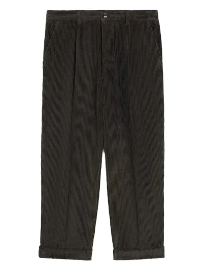 AMI ALEXANDRE MATTIUSSI CHARCOAL GREY CORDUROY PLEATED CUFFED TROUSERS