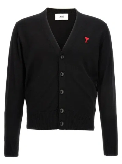 Ami Alexandre Mattiussi Classic Black Wool Cardigan With Embroidered Chest Detail For Men