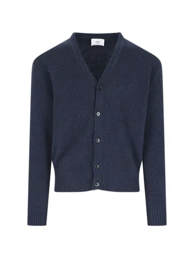 AMI ALEXANDRE MATTIUSSI CLASSIC BLUE CASHMERE V-NECK CARDIGAN