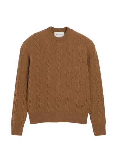 Ami Alexandre Mattiussi Classic Cable Knit Sweater With Crew Neckline And Ribbed Details In Brown