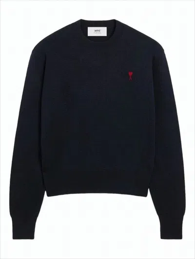 Ami Alexandre Mattiussi Classic Crewneck Wool Sweater With Subtle Heart Emblem In Black