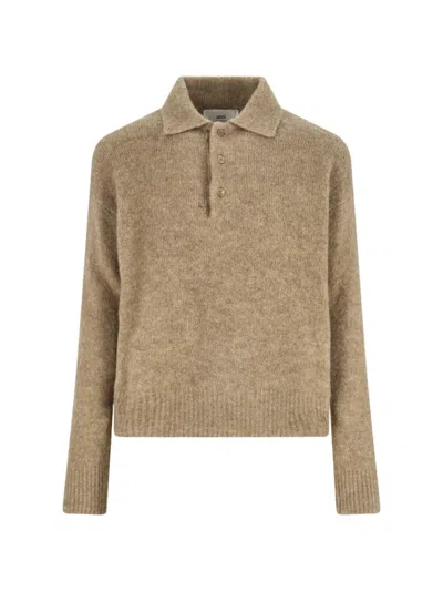 Ami Alexandre Mattiussi Ami Paris Grey Wool And Alpaca Polo Sweater Ami Paris In Brown