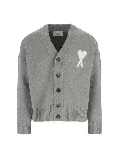 Ami Alexandre Mattiussi Classic Soft Knit Cardigan With Round Neckline In Gray
