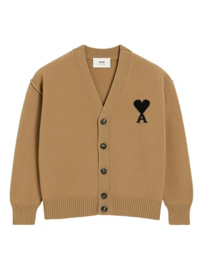 Ami Alexandre Mattiussi Classic V-neck Wool Cardigan With Signature Logo In Brown