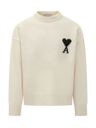Ami Alexandre Mattiussi Co-heart Crewneck Sweater In Off White/black