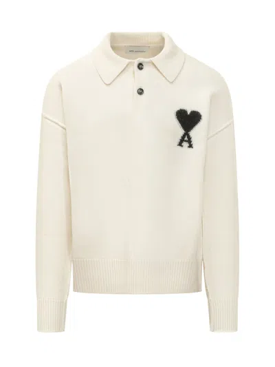 Ami Alexandre Mattiussi Contrast Knit Polo Sweater In Ecru Noir