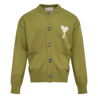 Ami Alexandre Mattiussi Contrasted Ami De Coeur Crewneck Cardigan In Green