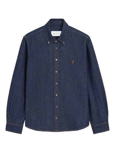 Ami Alexandre Mattiussi Coeur Button Down Long Sleeve Shirt In Blue
