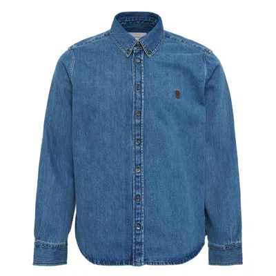 Ami Alexandre Mattiussi Button-down Collar Logo-embroidered Denim Shirt In Brown