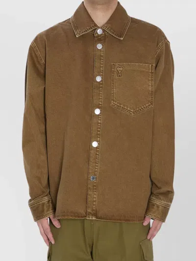 Ami Alexandre Mattiussi Cotton Denim Long Sleeve Overshirt In Green