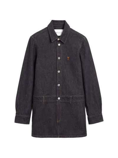 Ami Alexandre Mattiussi Blue Cotton Denim Shirt Dress With Ami De Coeur In Gray