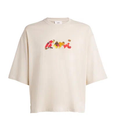 Ami Alexandre Mattiussi Cotton Floral Logo T-shirt In Sand