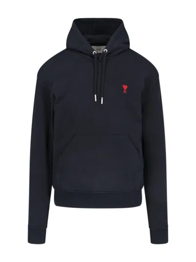 AMI ALEXANDRE MATTIUSSI COTTON HOODIE WITH DRAWSTRING HOOD AND RED LOGO EMBROIDERY