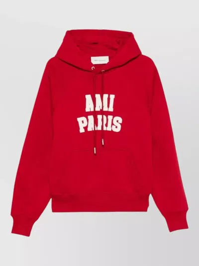 Ami Alexandre Mattiussi Cotton Logo Print Raglan-sleeve Hoodie In Red