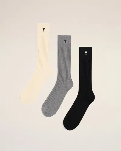 Ami Alexandre Mattiussi Cotton Three Pack Black Ami De Coeur Socks Multicolor In Gray