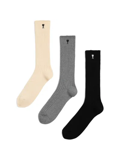 Ami Alexandre Mattiussi Cotton Three-pack Socks With Ami De Coeur In Gray