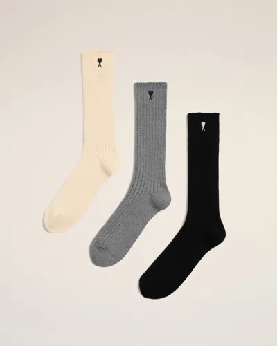 Ami Alexandre Mattiussi Cotton Three-pack Socks With Ami De Coeur White In White/grey/black