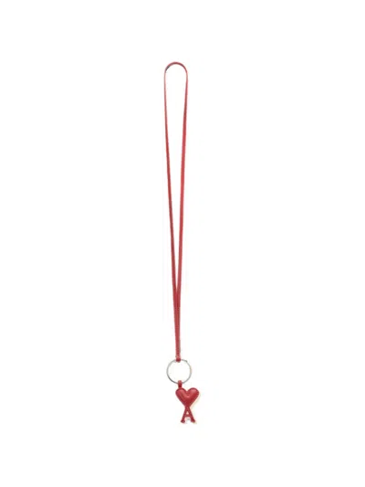 Ami Alexandre Mattiussi Cowhide Leather Keyring With Ami De Coeur In Red