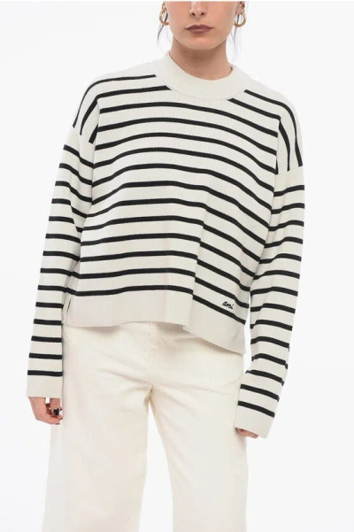 Ami Alexandre Mattiussi Crew Neck Cotton Blend Sweater With Awning Stripes