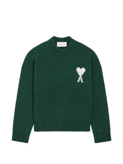 Ami Alexandre Mattiussi Crew-neck Alpaca Sweater With Ami De Coeur In Green