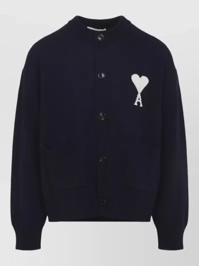 Ami Alexandre Mattiussi Crewneck Cardigan Ribbed Cuffs Hem Pockets In Black