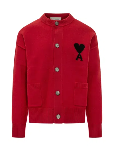 Ami Alexandre Mattiussi Crewneck Cardigan In Rouge Rubis