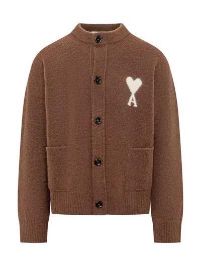 Ami Alexandre Mattiussi Crewneck Cardigan With Adc In Brown
