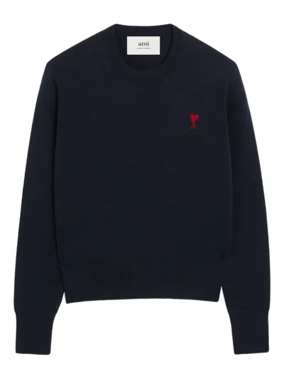 Ami Alexandre Mattiussi Crewneck Heart-embroidered Wool Sweater In Blue