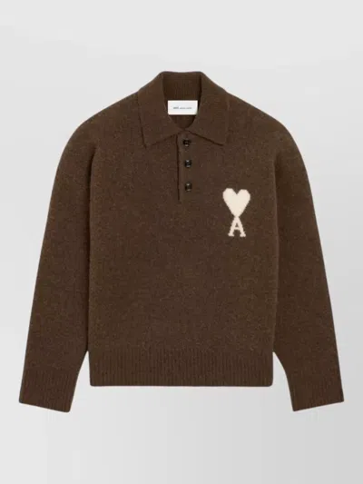 Ami Alexandre Mattiussi Ami Paris Ami De Coeur Wool Polo Sweater In Brown