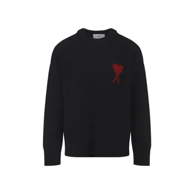 Ami Alexandre Mattiussi Crewneck Sweater With Contrasting Logo Inlay In Black