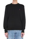 Ami Alexandre Mattiussi Merino Wool Round Neck Sweater With Heart Detail In Animal Print