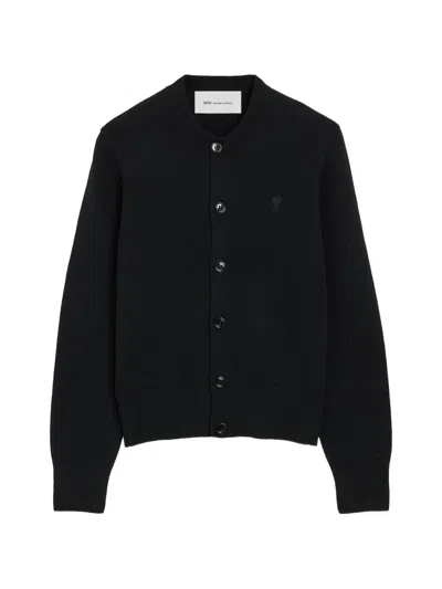 Ami Alexandre Mattiussi Crewneck Wool Cardigan With Ami De Coeur In Black