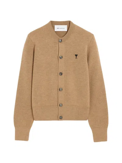 Ami Alexandre Mattiussi Crew-neck Wool Cardigan With Ami De Coeur In Brown