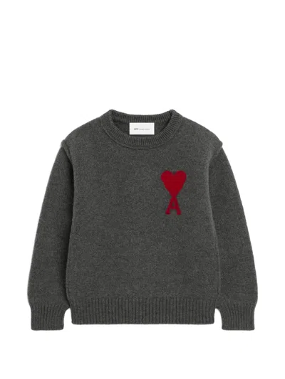 Ami Alexandre Mattiussi Kids' Crewneck Wool Sweater With Ami De Coeur In Gray