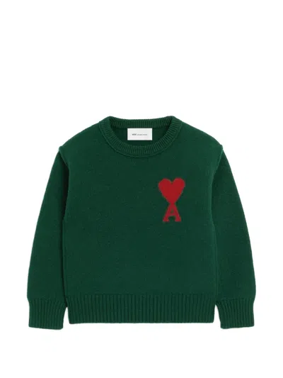 Ami Alexandre Mattiussi Kids' Crew-neck Wool Sweater With Ami De Coeur In Green