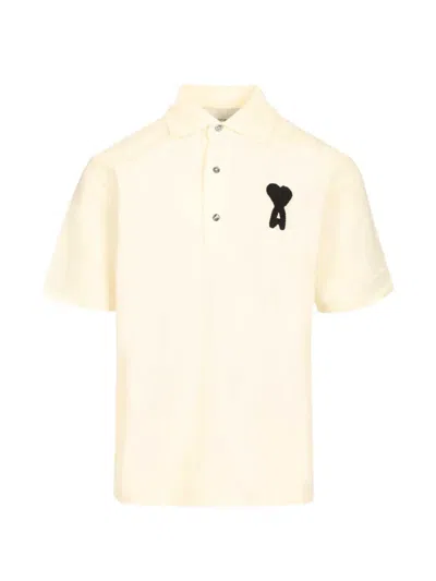 Ami Alexandre Mattiussi Crocheted Logo-appliqué Polo Shirt In Neutral