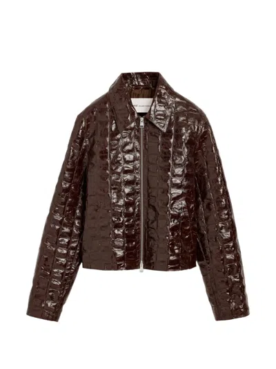Ami Alexandre Mattiussi Crocodile-embossed Cowhide Leather Zipped Jacket In Brown