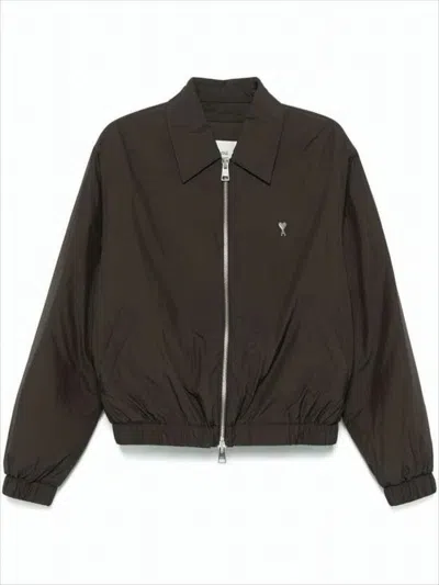 Ami Alexandre Mattiussi Cropped Black Bomber Jacket With Classic Collar And Logo Detail In Brown