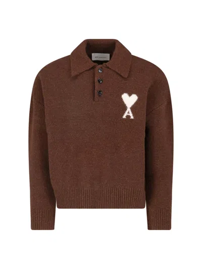 Ami Alexandre Mattiussi Cropped Cardigan With Classic Collar And Intarsia Logo In Brown