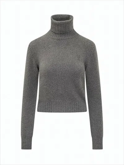 Ami Alexandre Mattiussi Cropped Cashmere Turtleneck Sweater With Ribbed Details In Gray