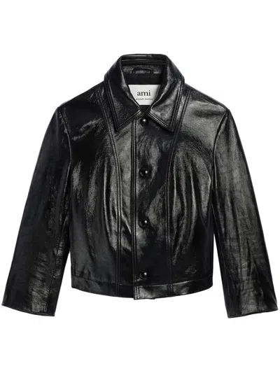 AMI ALEXANDRE MATTIUSSI CROPPED LEATHER JACKET