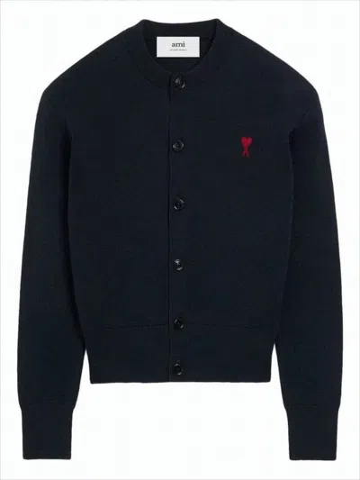 AMI ALEXANDRE MATTIUSSI CROPPED WOOL CARDIGAN WITH EMBROIDERED HEART DETAIL