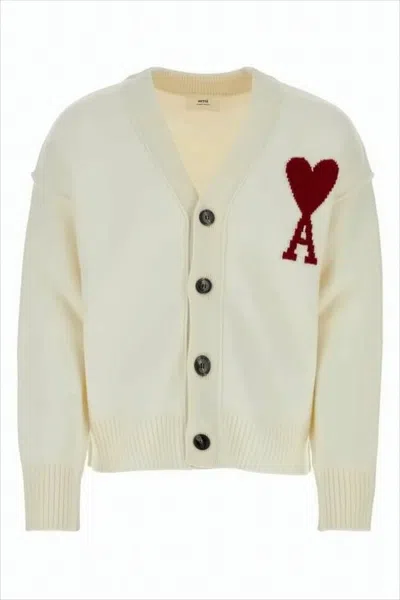 Ami Alexandre Mattiussi Cropped Wool Cardigan With Embroidered Heart Detail In Gray