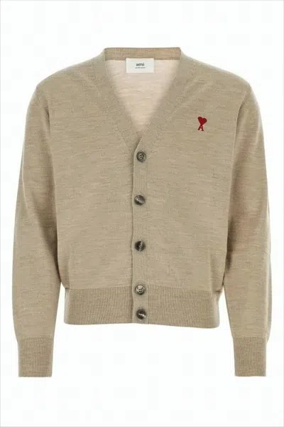 Ami Alexandre Mattiussi Cropped Wool Cardigan With V-neckline In Nude